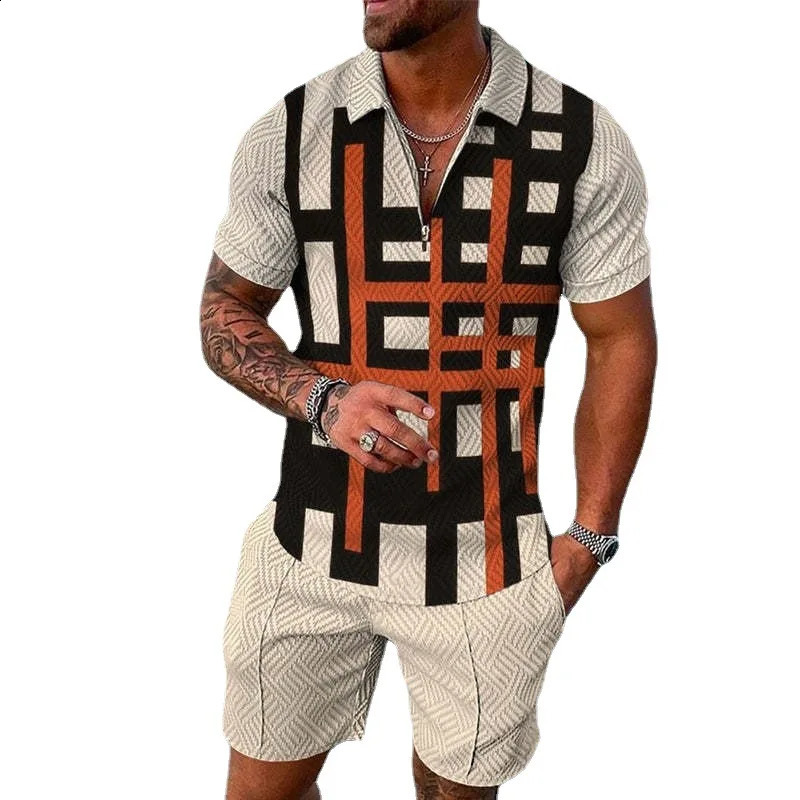 European and American Mens 3DPOLO Shirt Set with Collar Short Sleeve Floral Casual Fashion Two Piece 240822