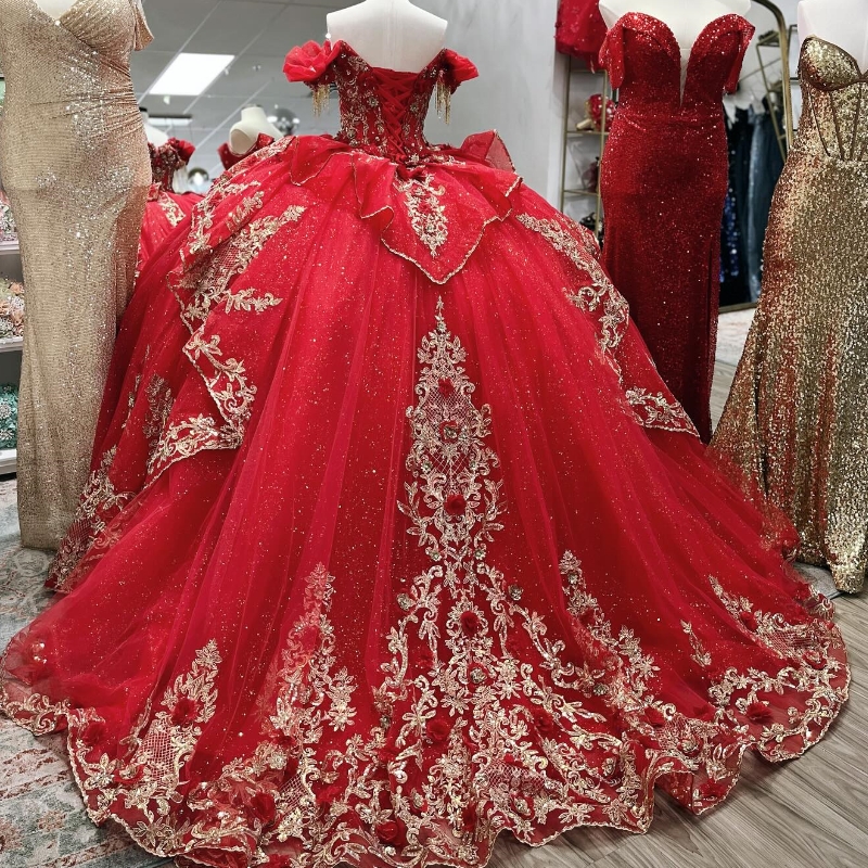 Red Shiny Quinceanera Dresses Off The Shoulder Gold Lace Applique Beading Tull Mexican Corset Sweet 16 Vestidos De 15 Anos