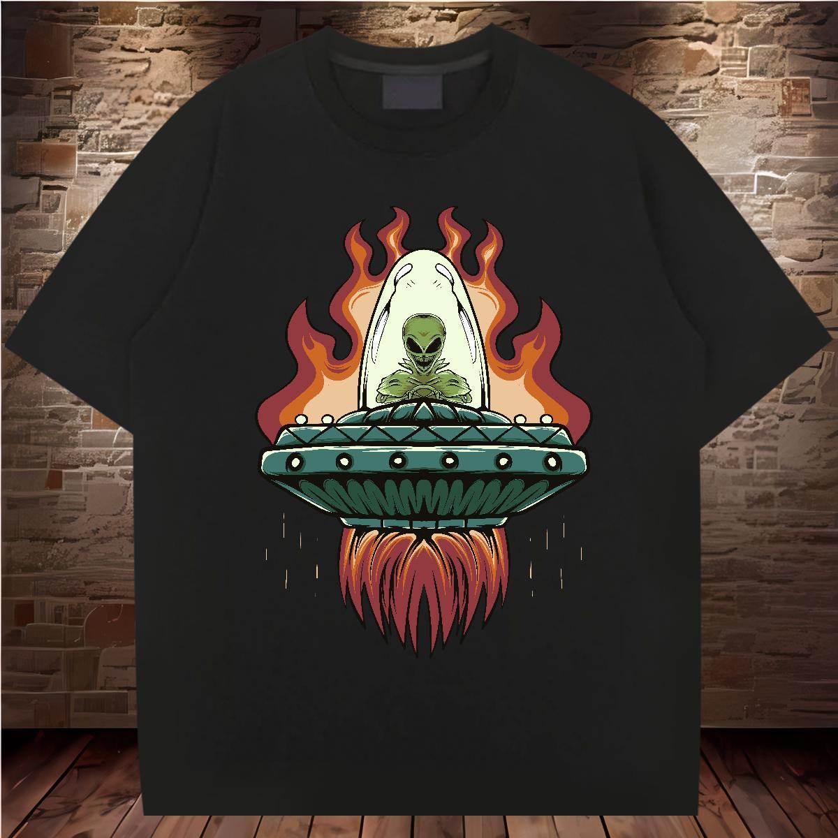 Cool T-Shirts 230g Pure Cotton UFO Casual Daily Wear Black Oversized O Neck Short Sleeves Men Tshirts 2024 Polos