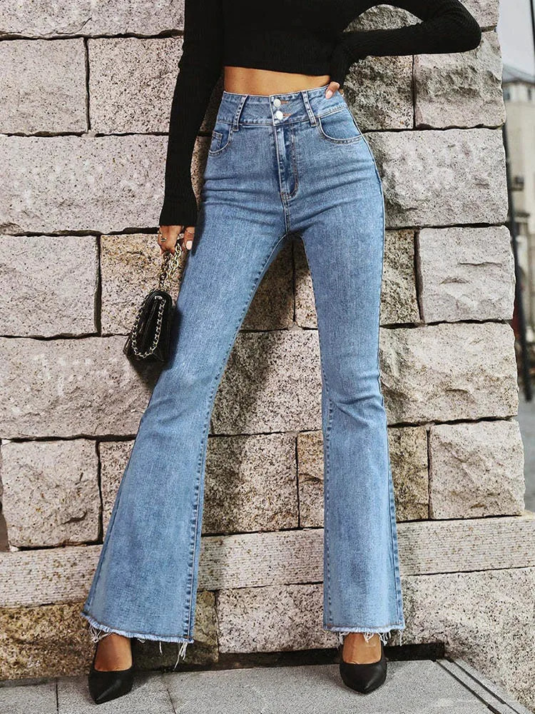 Womens Flare Elastic Retro High Waist Jeans Tight Bell Bottom Tassel Denim Pants Y2K Double Button 240823