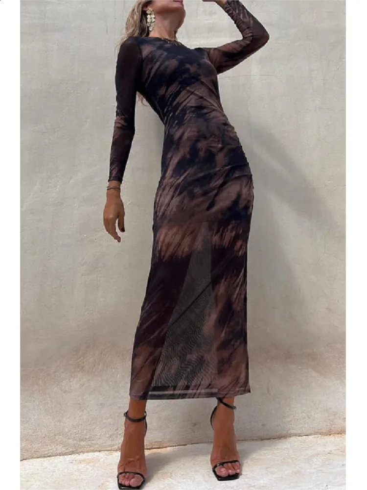 Sexy Mesh Dress For Women Spring Fashion Autumn Long Sleeve Print Dresses Simple Lace Slim Stretch Party Nightclub Dress 240823