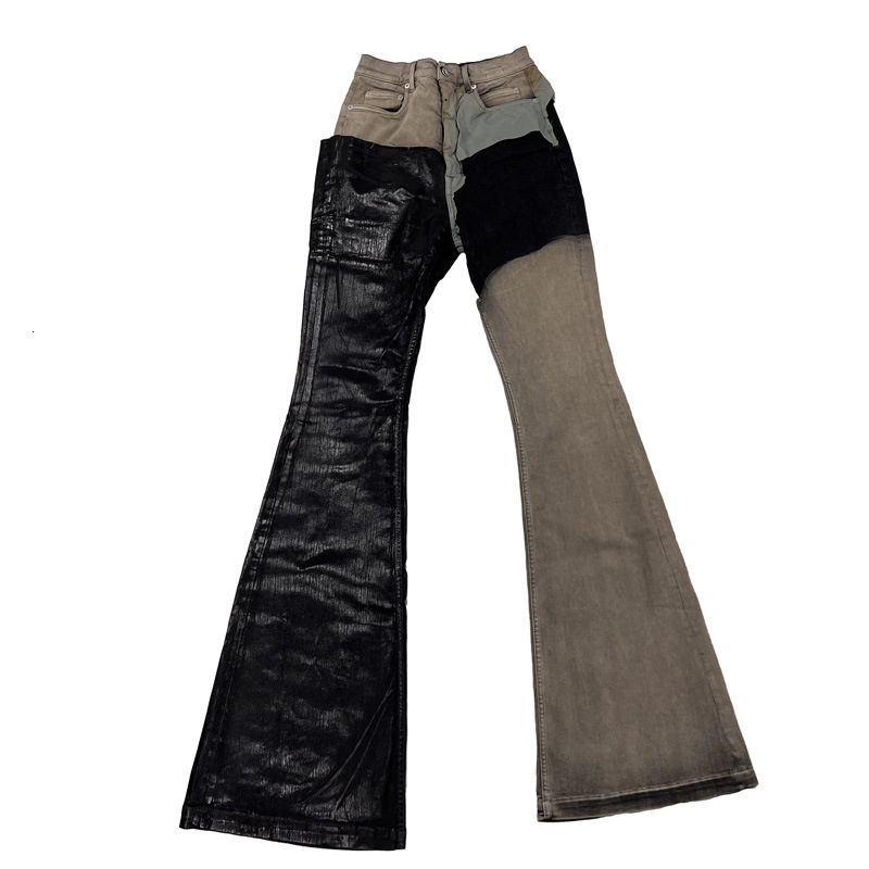 Ro Style Distressed Washed Spliced Coated Wax Pants with Wide Legs and Slightly Flared High Street Stacking Jeans Mens Versatile