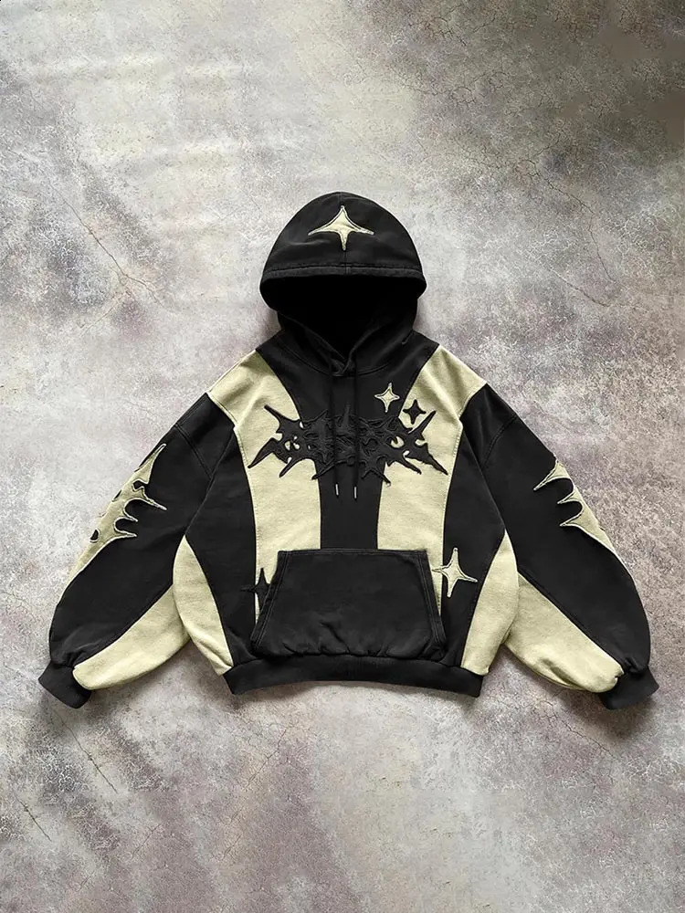 Retro Contrast Long Sleeve Oversize Hoodie For Male Trendy Patchwork Printed Sweatshirt With Pocket Autumn Mens Loose Pullover y240826