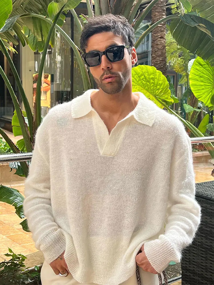 Fashionable solid mens polo knitted sweater autumn oversized lapel top casual street thin pull jumper 240822