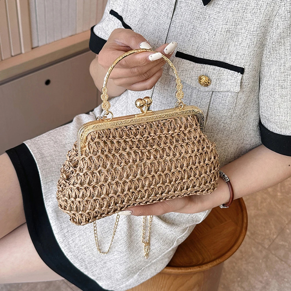 Summer Beach Straw Bags Exquisite Gold Chain Party Banquet Purse Hand Woven Handbag Female Clutch Bag Shoulder Crossbody 240822ZYl