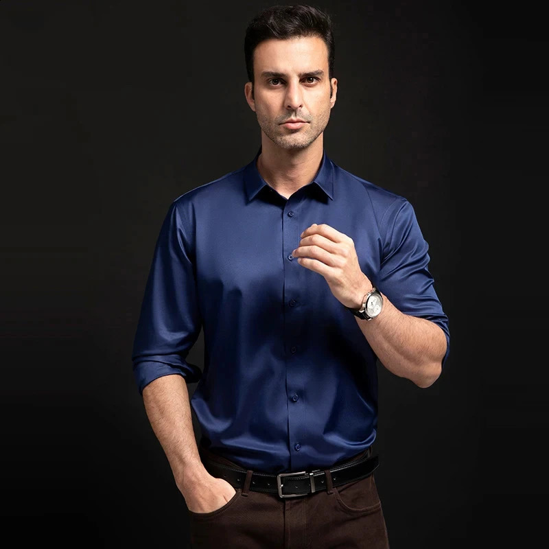 T446 Quality Stretch Anti-Wrinkle Smooth Men Shirts Long Sleeve Dress Shirt For Male Slim Social Business Blouse Shirt S-6XL 240822