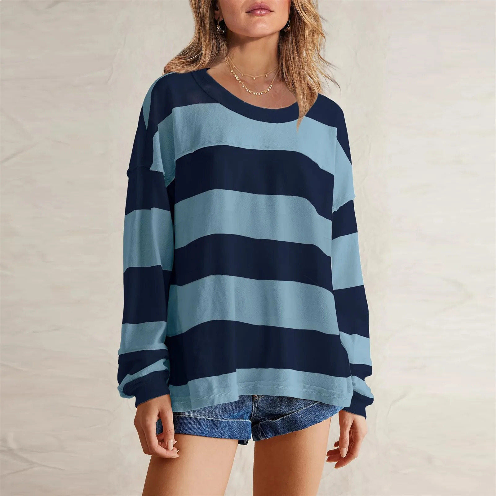 Y2k style striped printed womens shirt oversized long sleeved streetwear staff collar zipper top blue Para Mujer 240822