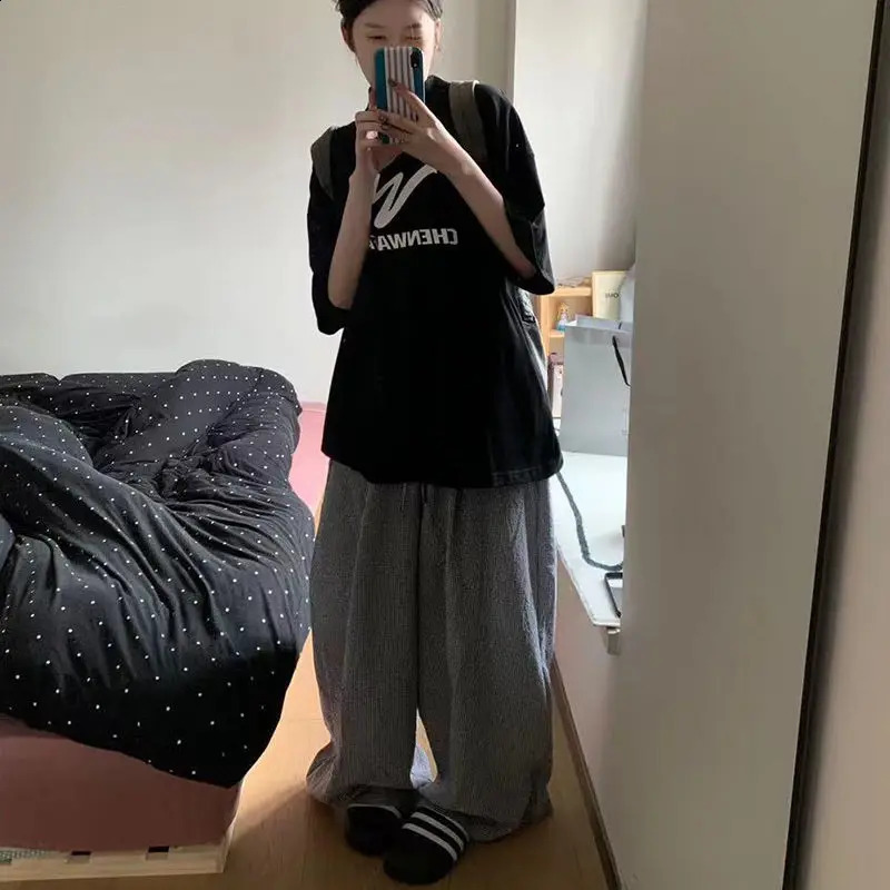 Deeptown Harajuku Striped Plaid Pants Women Korean Oversized Wide Leg Casual Trousers High Waist Summer Jogger Vintage Fashion 240822