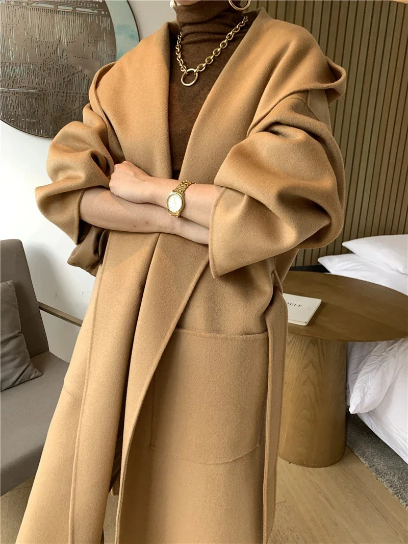 Mid-Length Autumn and Winter Hooded Double Sided Cotton Cashmere Coat Female 100% Wool Loose Thick Woolen Coat 240822