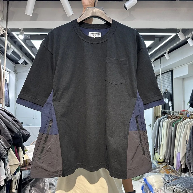 Side stitching color bump hem drawstring plus two layers of shortsleeved shirt profile 240822