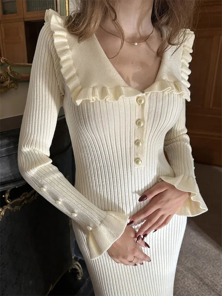 Elegant Women Ruffled Sweater Dress Ribbed Contrast Sexy Long Sleeve Button Slim Knitted Midi Dresses Vintage Party Vestido 240823