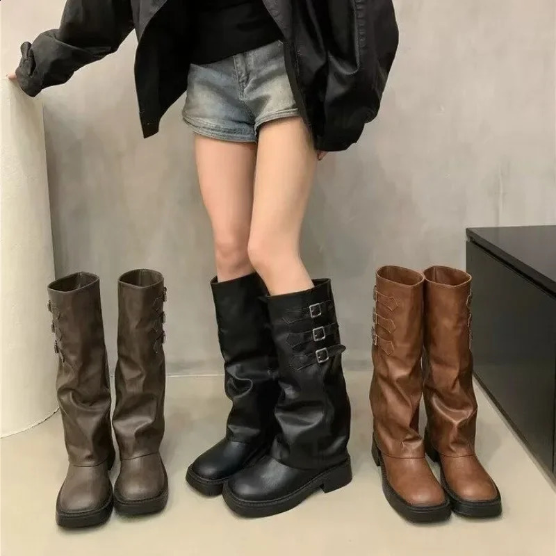 2024 Winter Womens Denim Boots Fashion Belt Buckle Long Boots Womens Elegant Square High Heels Womens Knight Boots 240823