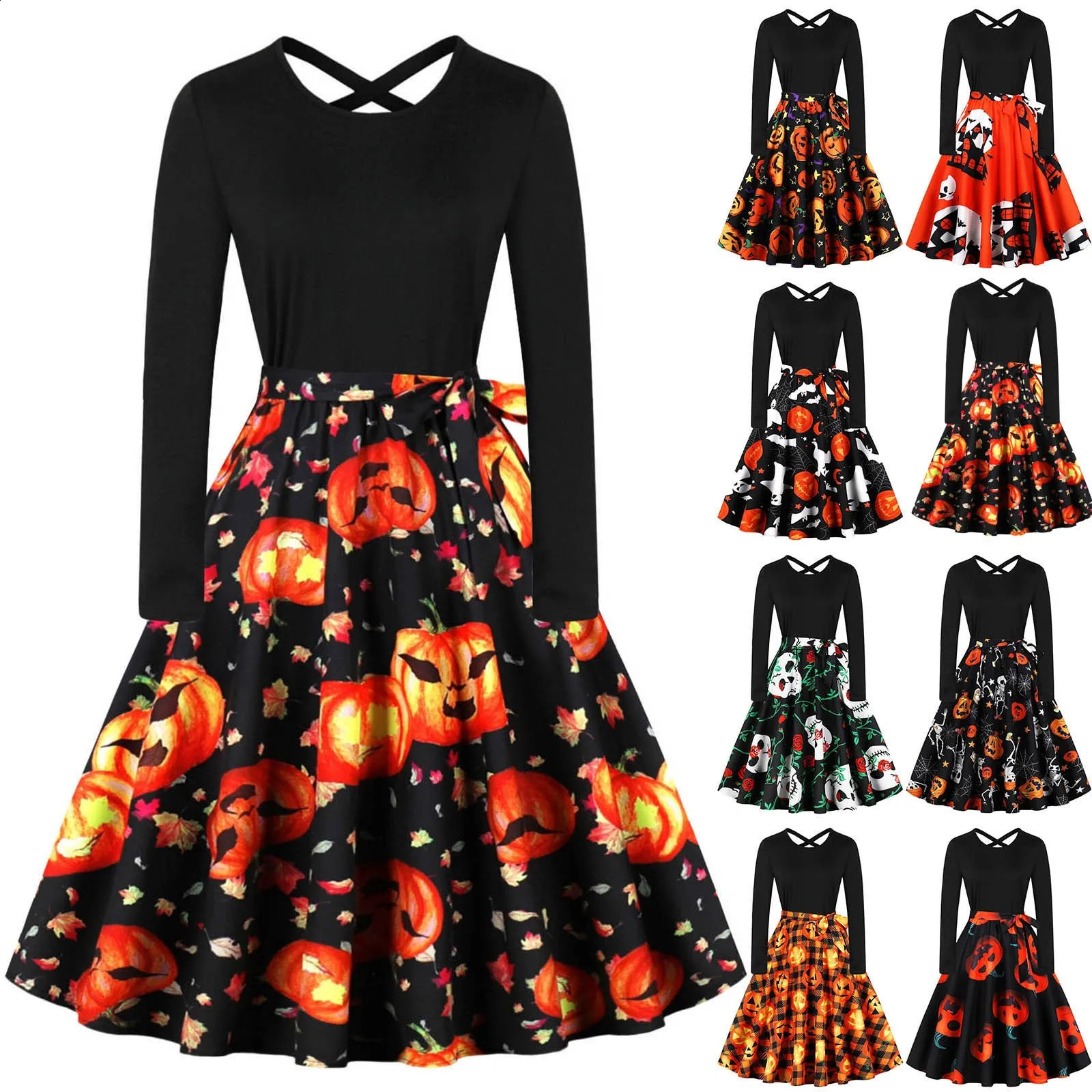 Halloween Christmas Party Dress Womens Long Sleeve Vneck Pumpkin Print Retro Casual Aline Role Playing Tank Top 240823