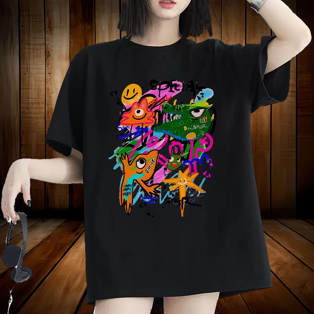 Free Shipping Woman Tshirt 100% Cotton 230g cartoon Beach Women T Shirts Breathable Crew Neck Custom Cartoon Tops