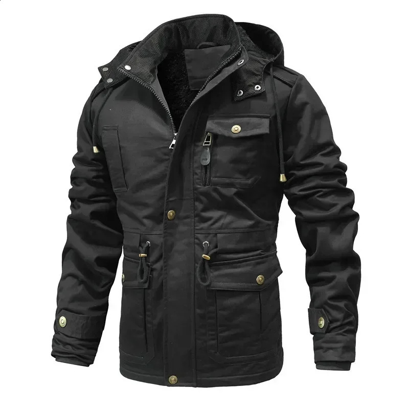 Mens multi pocket military jacket winter hooded long warm Parkas wool down mens outdoor tool casual 240822