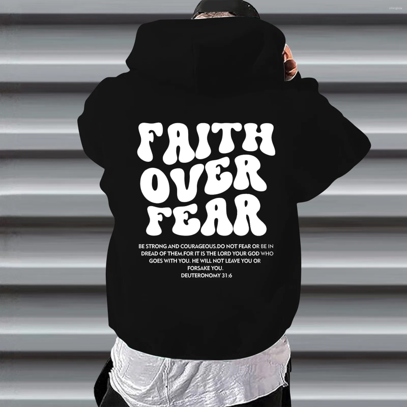 Men's Hoodies FAITH OVER FEAR Hoodie Casual Letter Print Hooded Sweatshirt Pullove White For Male Unisex Long-sleeved