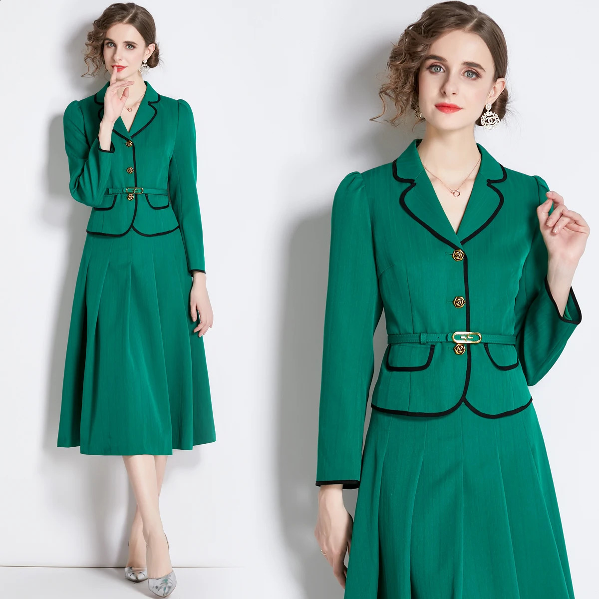 Womens Spring jacket Fashion Single Breasted Slim Fit Small Blazer Coat Vintage Female OuterwearSkirt Suit Two Piece Sets 240823