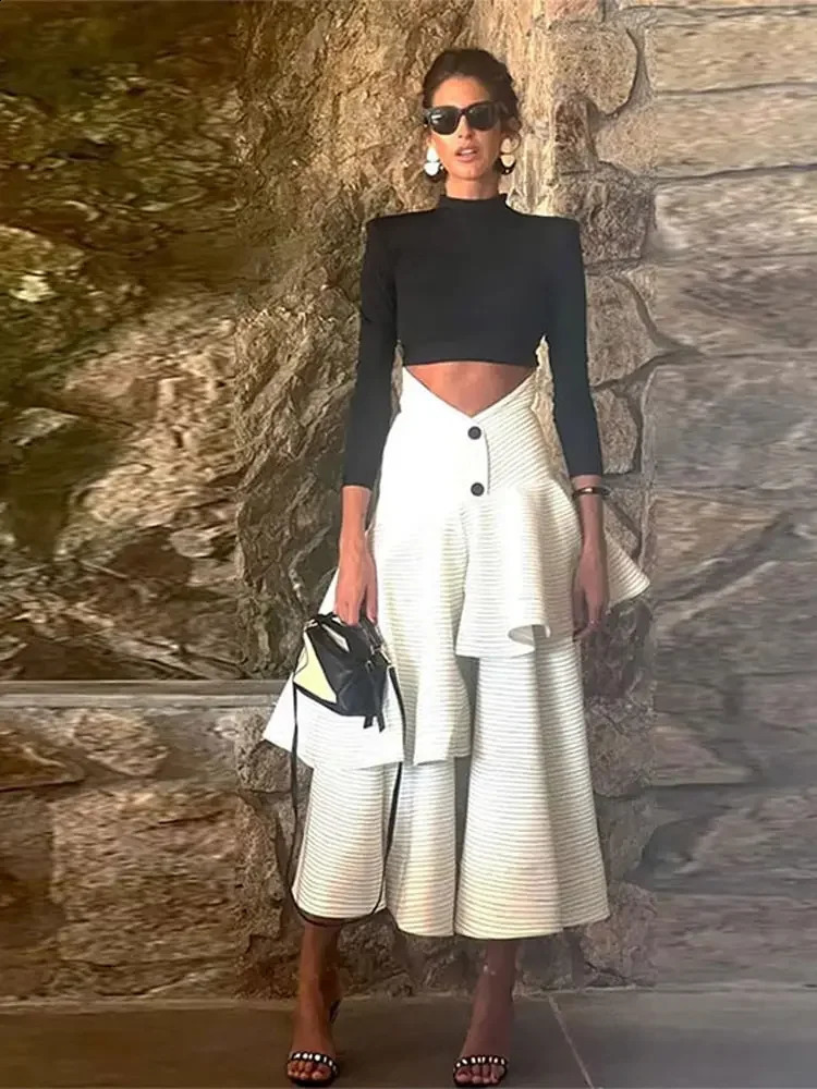 Fashion Ruffles Layer High Waist Skirt Set For Women Turtleneck Long Sleeve Top And A Line Skirt Suit Lady Party Club Suits 240823