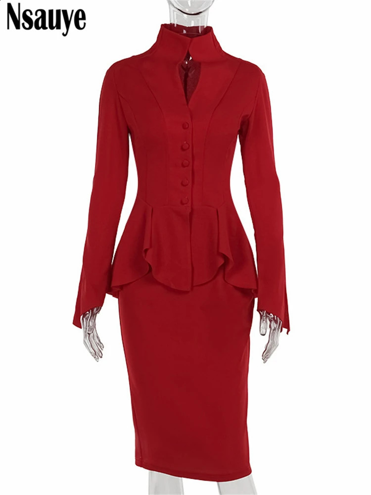 Nsauye sexy womens elegant sportswear twopiece set fashion long sleeved pleated top party Midi skiing suit 240823