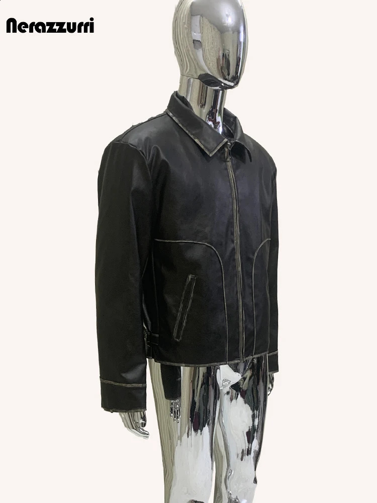 Nerazzurri Spring Autumn Washed Distressed Black Pu Leather Jacket Men Quilted Lining Turn-down Collar American Retro Clothes 240822