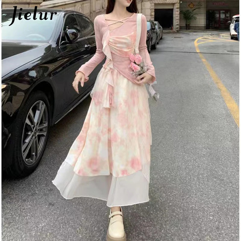 Jielur Spring Fashion Sweet Women Irregular Dress Retro Panel Long Sleeved Top Fragmented Flower Half Skirt Two Piece Set Dress 240823