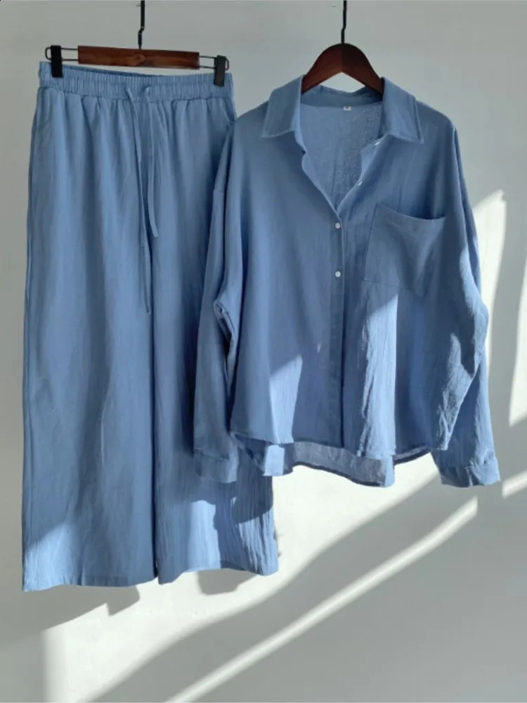 Spring Autumn Women Two Piece 2024 Casual Long Sleeve Shirt Women Suit Fashion Button Casual Female Wide Leg Pants 2 Piece Sets 240823