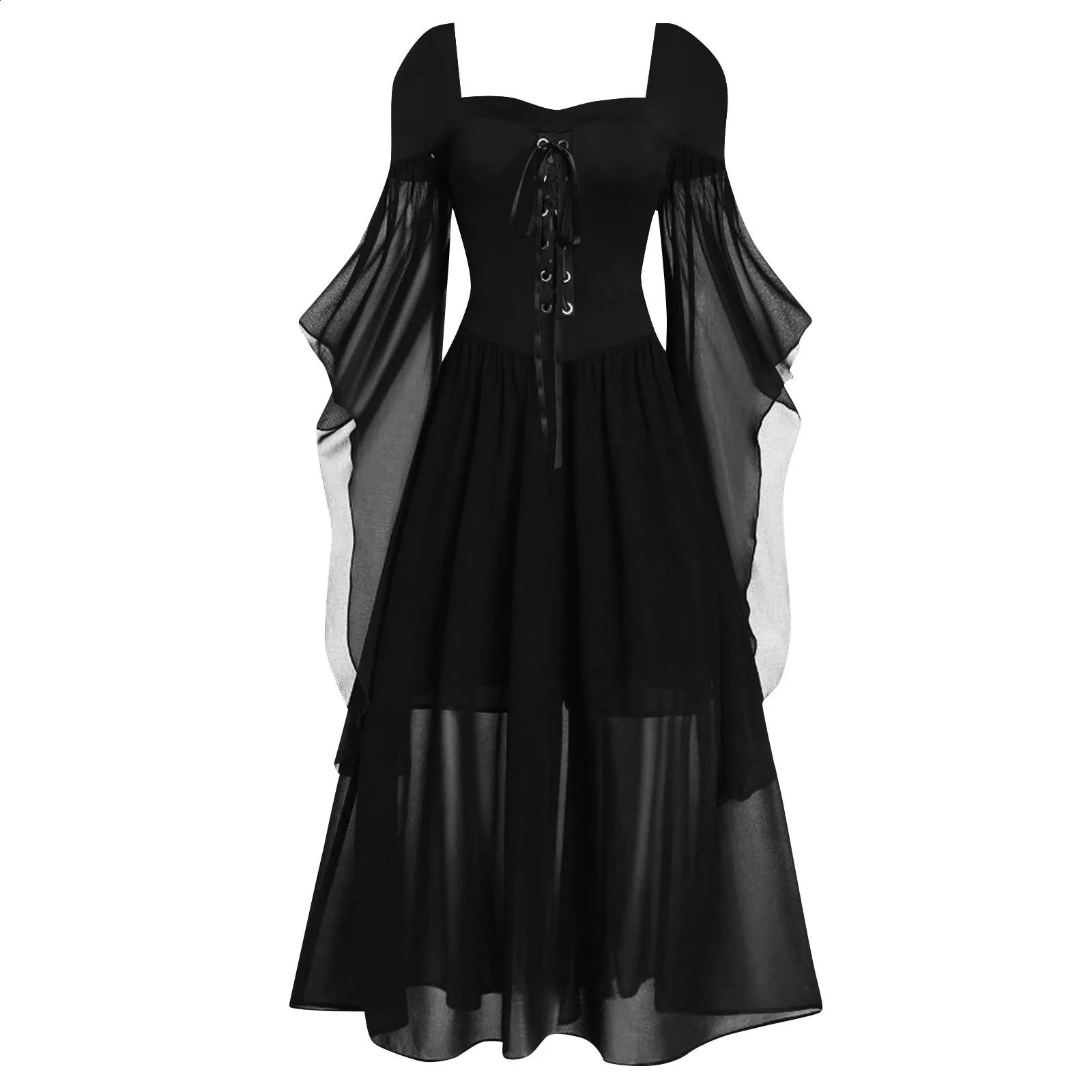 Medieval Witch Dress Butterfly Sleeve Gothic Mesh Lace Pendant Halloween Carnival Costume Size Up 240823