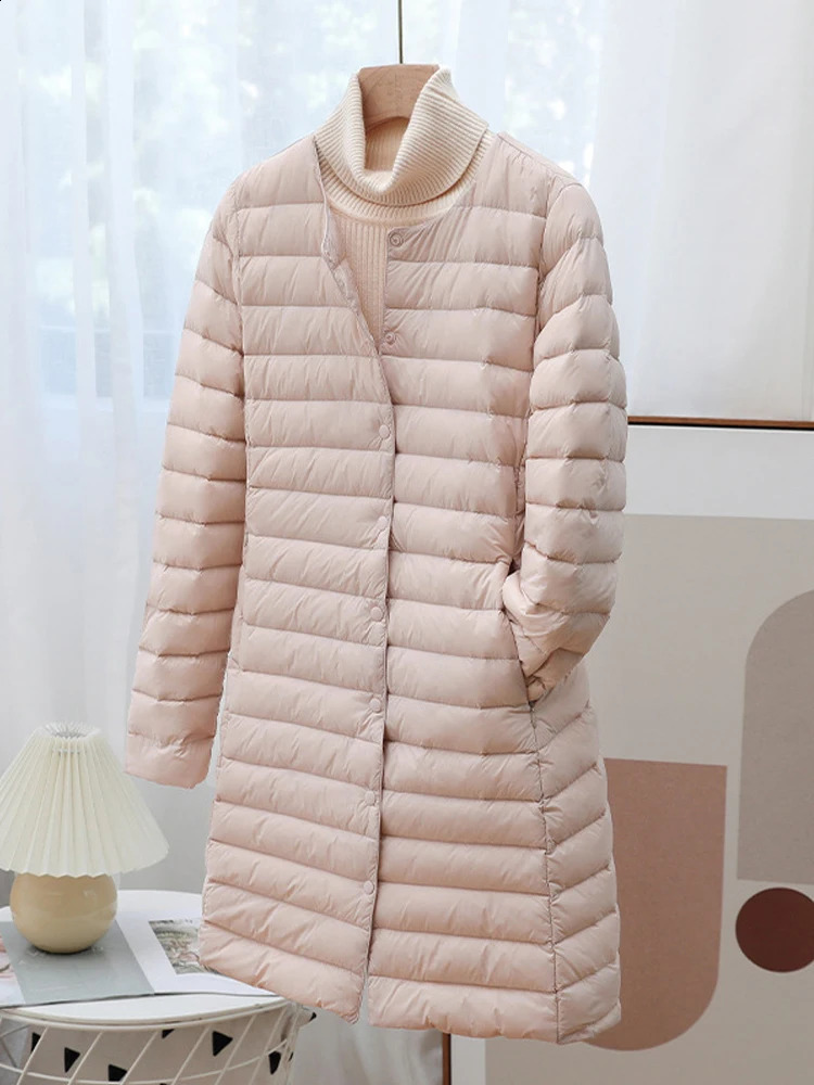 Womens winter coat autumn ultra light duck down jacket Oneck long sleeved inflatable windproof warm lining 240823