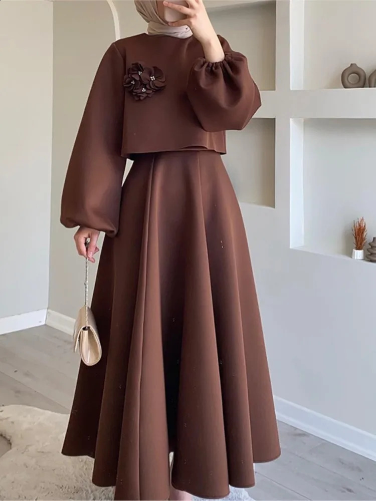 Muslim Floral Solid Skirts Two-piece Set Women Ramadan Prayer Dubai Turkey Middle East Long Lantern Sleeve Top Skirt Suit 240823