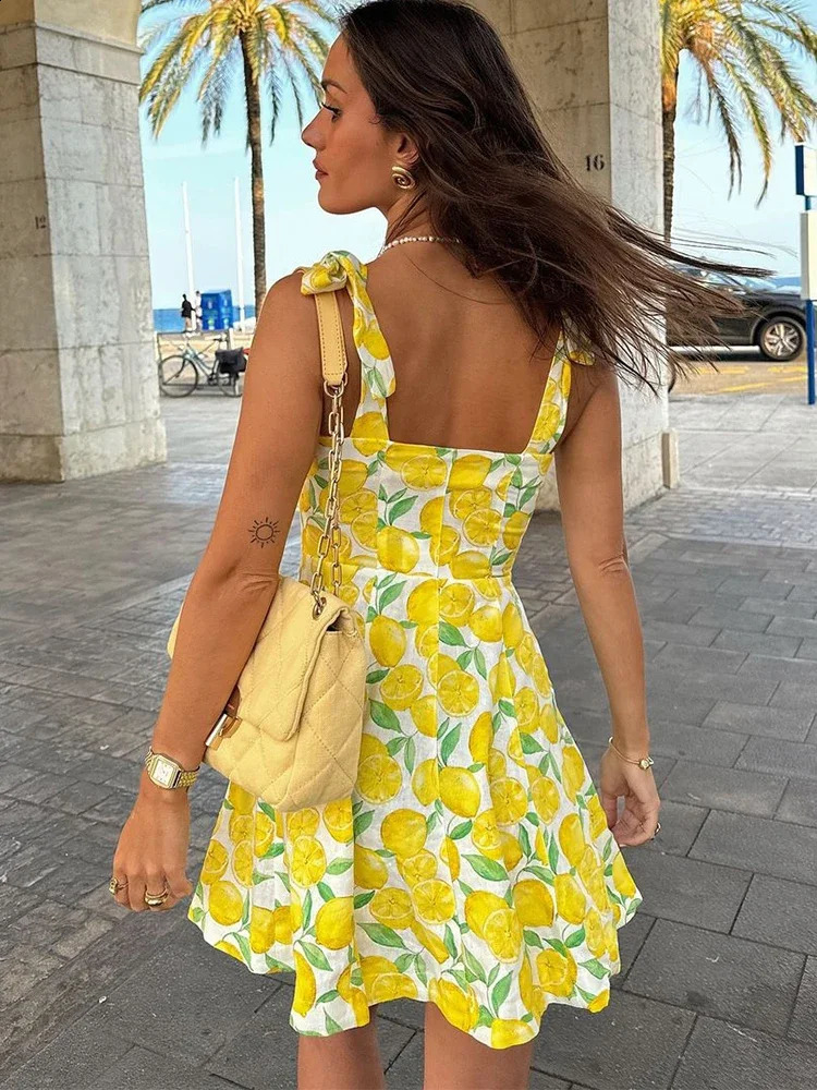 Summer Lemon Print Mini Suspenders Dress Women Slim Square Neck Sleeveless Pleated Vestidos Female Holiday Dresses 240822