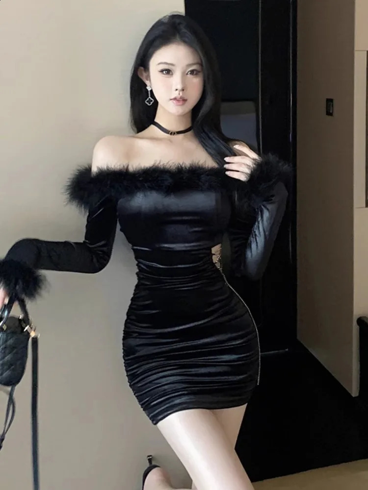 Kimotimo Temperament Fur Collar Exposed Waist Party Dress Women Autumn Winter Long Sleeve Folds Slim High End Wrapped Dresses 240823
