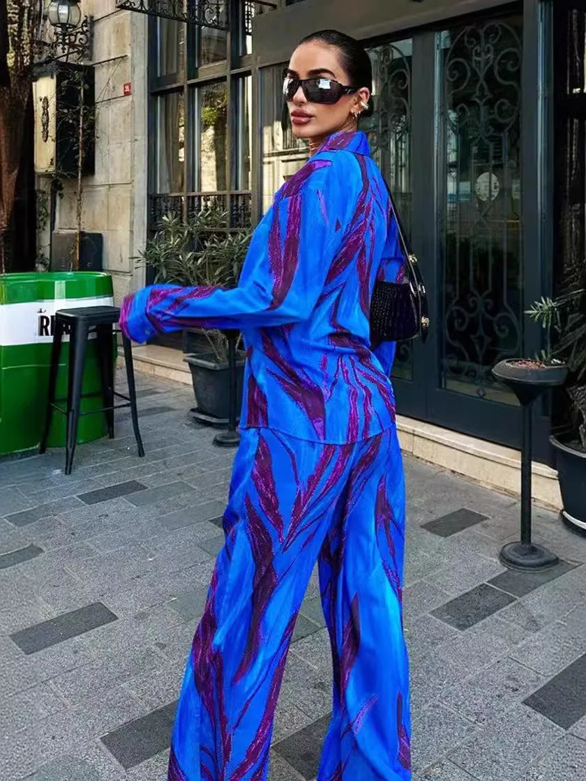 Women Two Piece Set Suit Tie-dye Print Long Sleeve Lapel ShirtElastic Waist Casual Wide Leg Pants Fashion Street Loose Outfits 240822