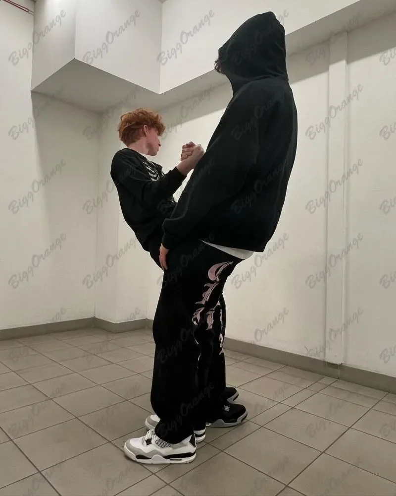 Y2k American Street Pink Letter Pattern Jeans for Men and Women Loose Straight Wide Leg Grunge Fashion Loose Black Jeans Fall 240814