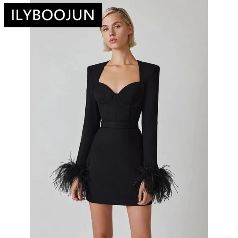 Women Winter Sexy Long Sleeve Feathers Pink Black Mini Bodycon Bandage Dress Elegant Evening Party Dress 240823