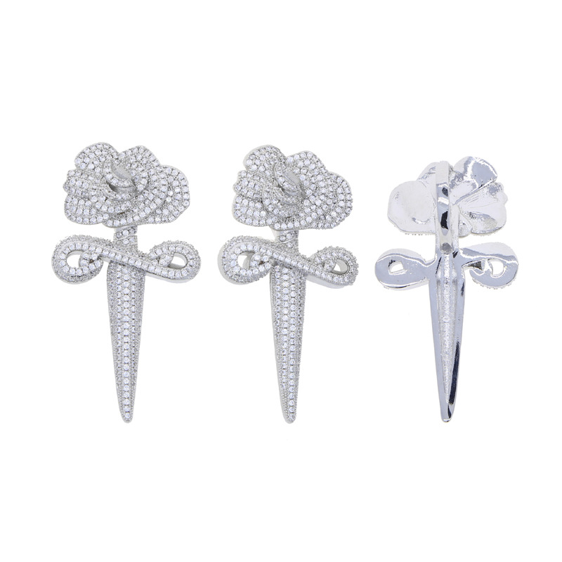 Hip Hop Rose Flower Cross Pendant Necklace 5A Zircon White Gold Plated Religious Jewelry