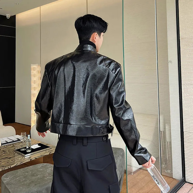 NOYMEI Jacket Silhouette Padded Shoulder Zipper PU Leather Buckle Standing Collar Rubbed Pattern Coat Autumn WA2811 240822