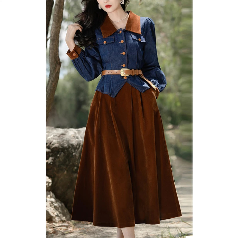 Two-Piece Matching Sets for Women Velvet Skirt and Denim Jackets Coats Cropped Top Suit Casual Suits Outfits Spring Fall 240823