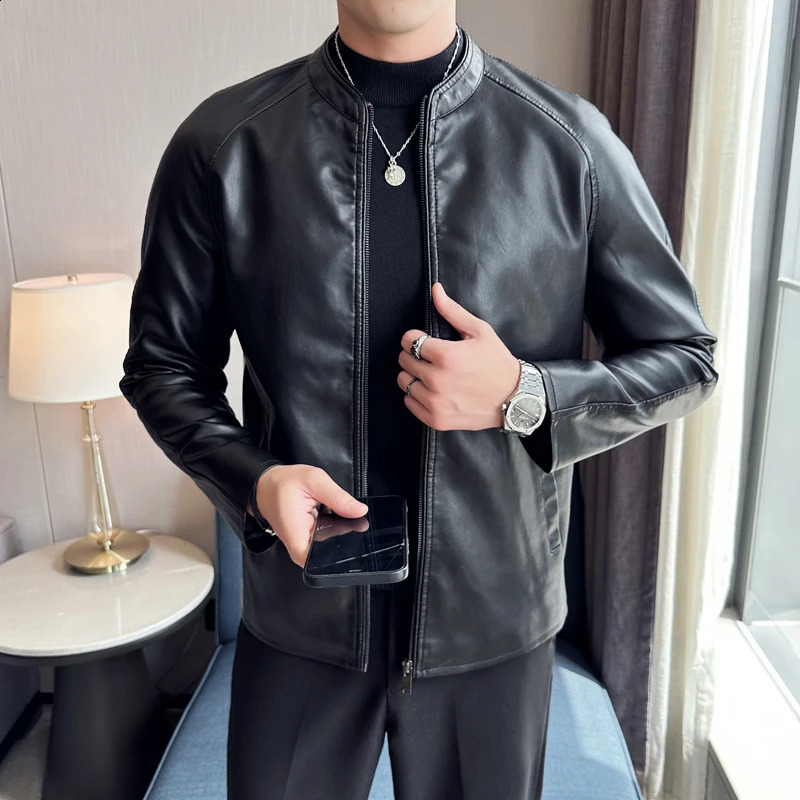 Male Stand Collar Motor Slim Multi Pockets Jackets Male Vintage Classic Leather Jacket Mens Jacket Solid Colors Leather Jackets 240822