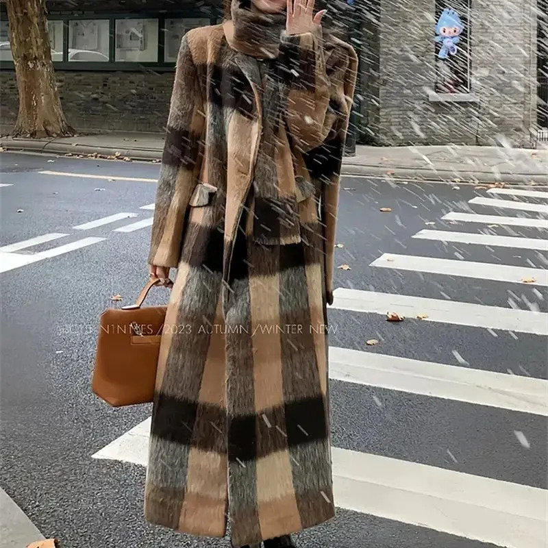 French plaid woolen long coat jacket for womens winter autumn/winter loose fitting high-quality trench coat for commut 240822
