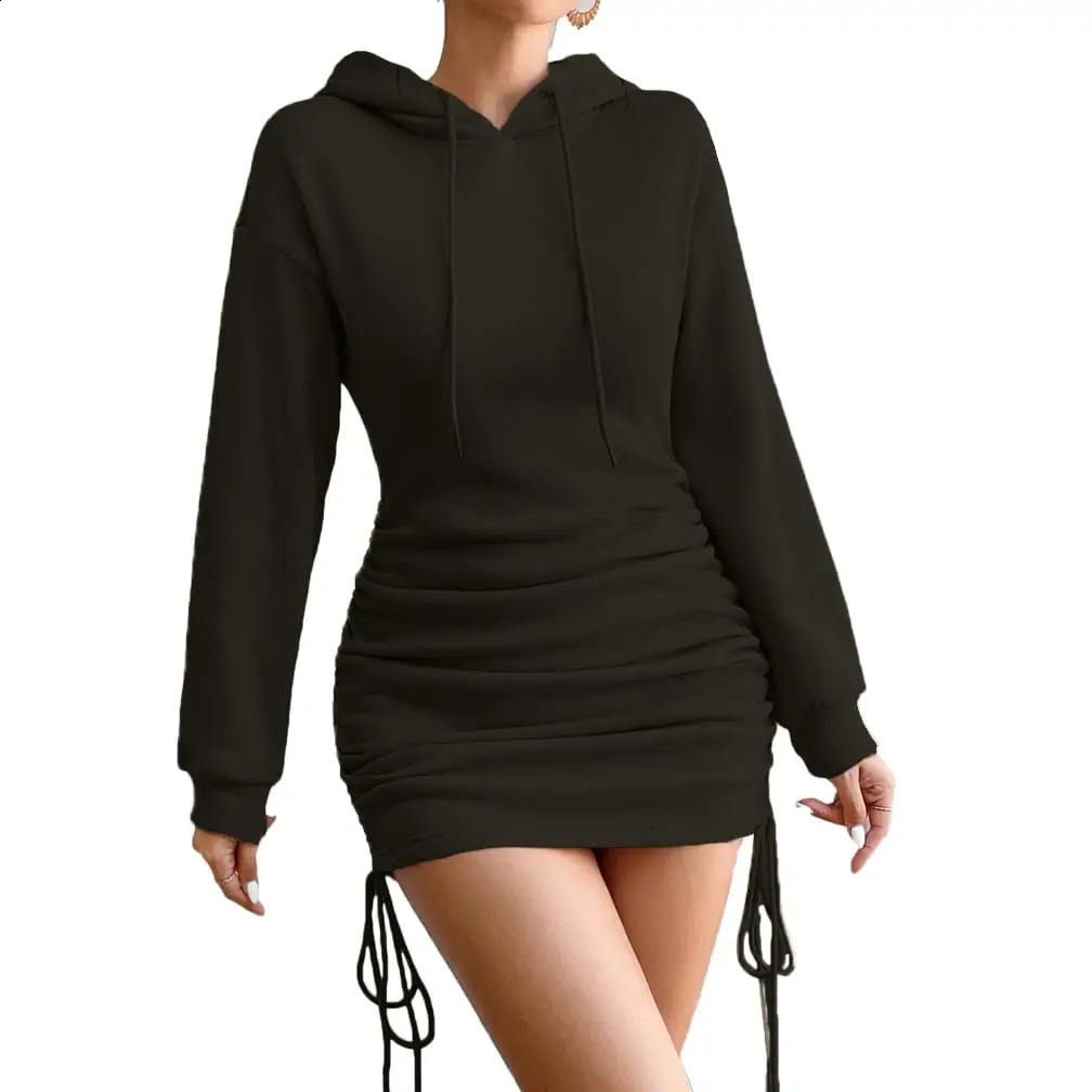 DZ-DZ Women Sexy Hoodies Dress Casual Fleece Drawstring Oversized Long Sleeve Drop Shoulder Ruched Hooded Bodycon Mini Dress 240823
