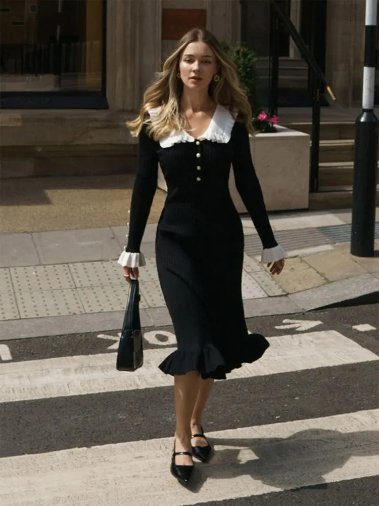 Elegant Women Ruffled Sweater Dress Ribbed Contrast Sexy Long Sleeve Button Slim Knitted Midi Dresses Vintage Party Vestido 240823