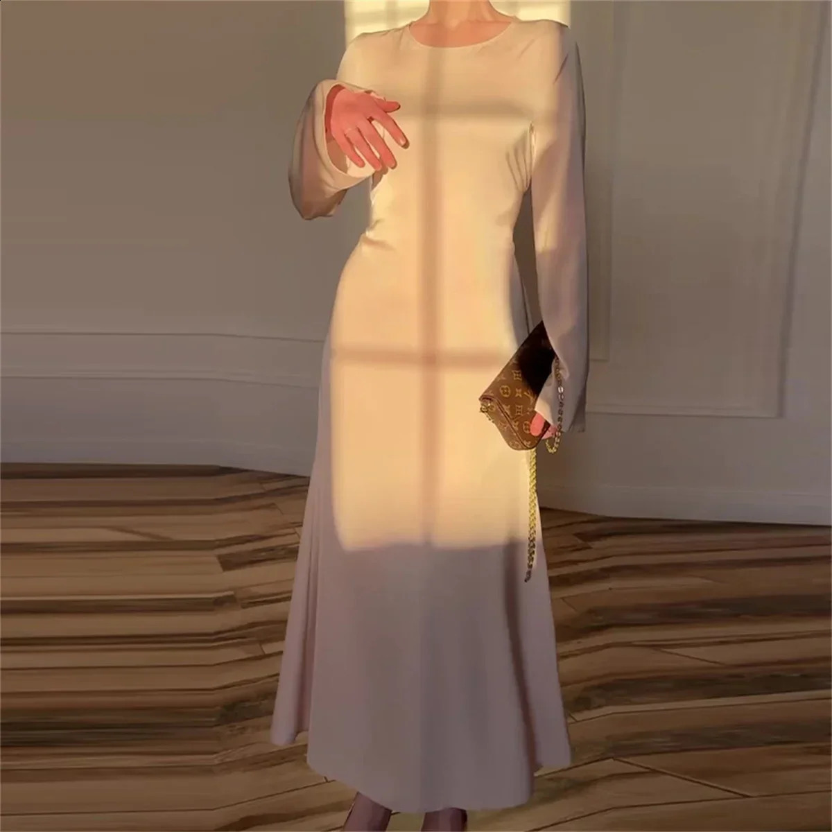 Women Maxi Dress Silk Long Round Neck Satin Flare Sleeve Lace Up Slim Skirt Evening Party Dresses Sexy Chic Robes 240823