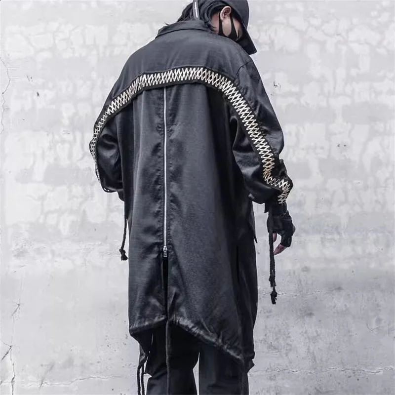 High Street Techwear Hip Hop Trench Coat Long Jackets For Men Drawstring Patchwork Cloak Gabardina Hombre 240822