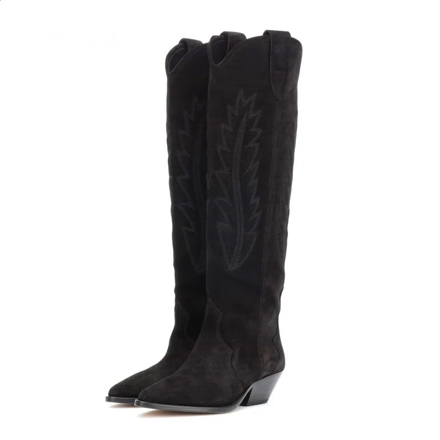 MStacchi Womens High Boots Nude Black Suede Embroidered Knee High Boots Womens Sexy Point Toe Spike Kitten High Heels Knight Boots 240823