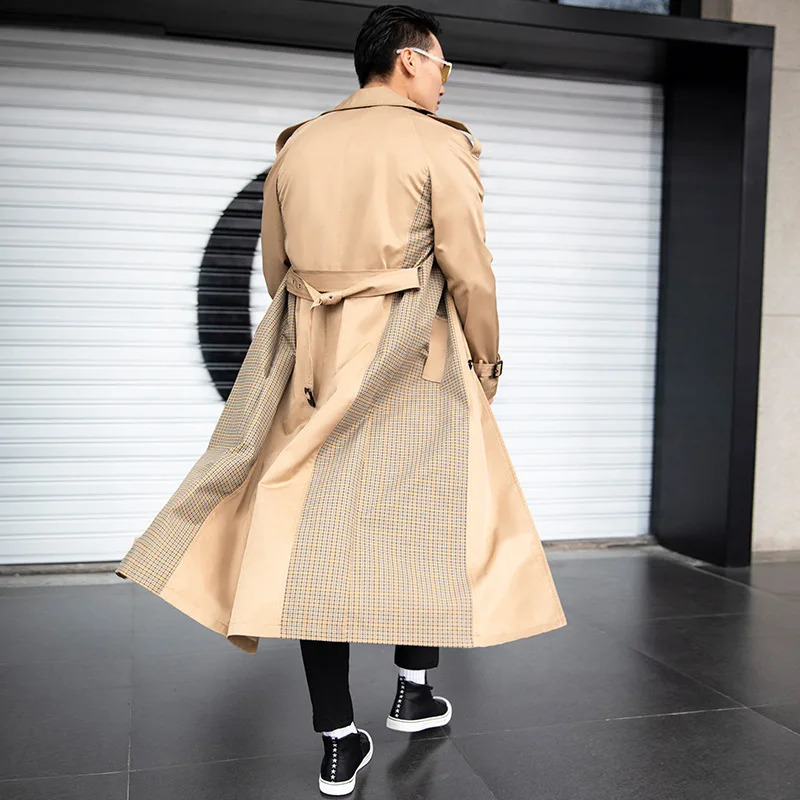 Autumn Winter Men Trench Plaid Patchwork n Coat Smart Casual British Style Double Breasted Outwear Turn-down Collar 240822