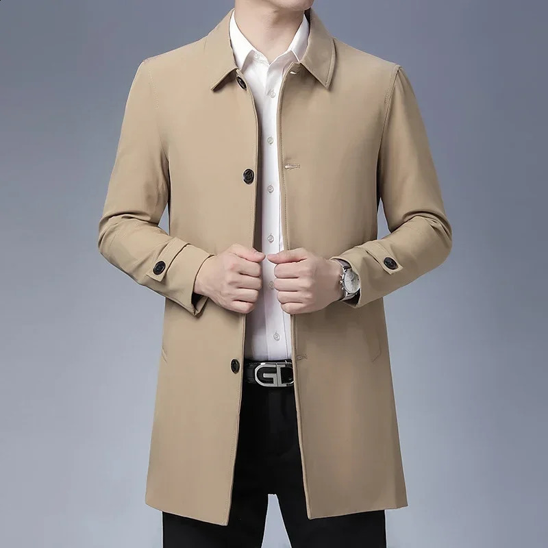 Mens Spring Jacket Arrival Mens Business Casual Black Khaki Long Jacket Top Quality Single Breasted Solid Trench Coat 240822
