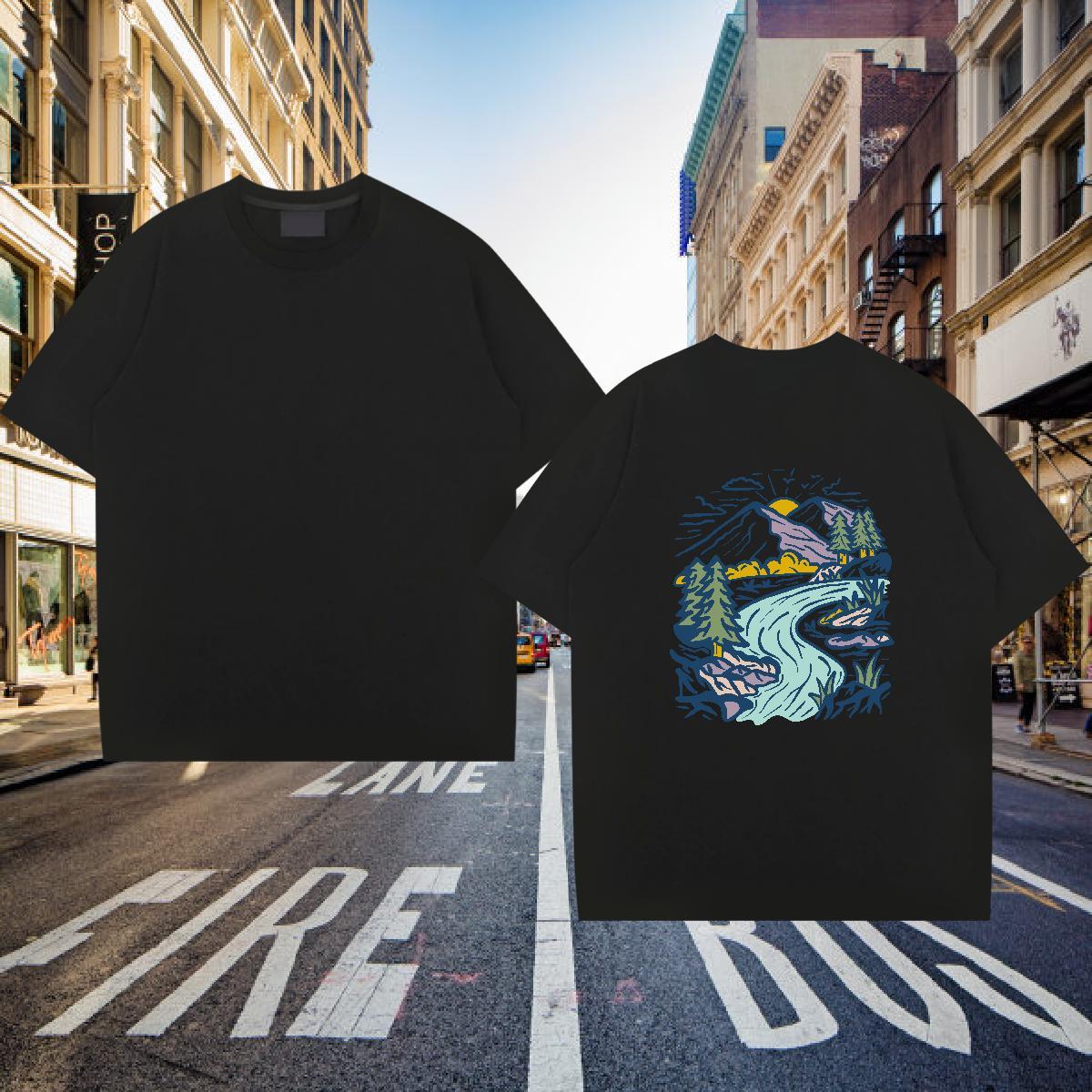 Wholesale T-Shirts 230g 100% Cotton Mountain High Street Hip Hop Graphic Breathable Crew Neck Couples T Shirts 2024 DIY Top Tees