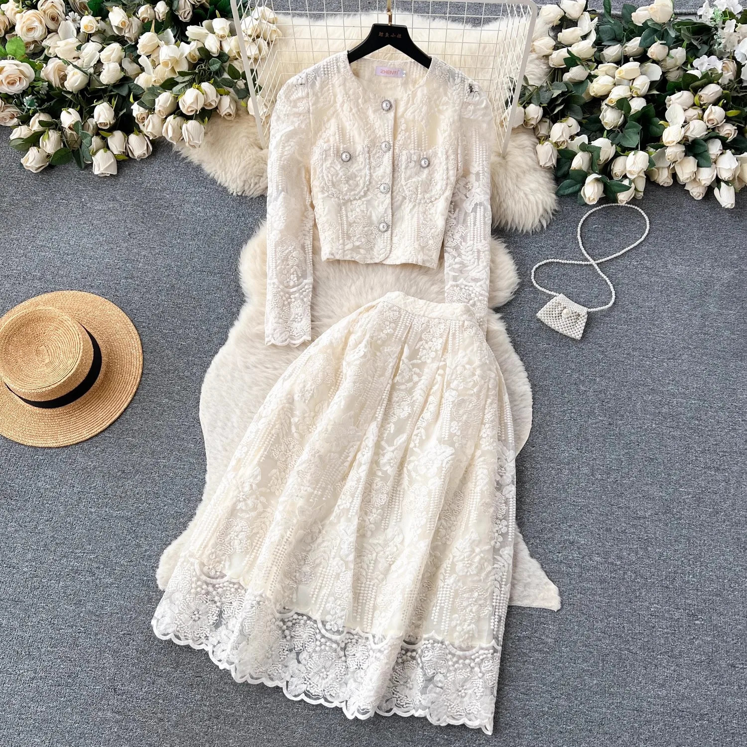 Autumn Pink Embroidery Flower Lace Two Piece Set Elegant Women Single Breasted Beadeds Long Sleeve Shirt Midi Skirt Suits 240823