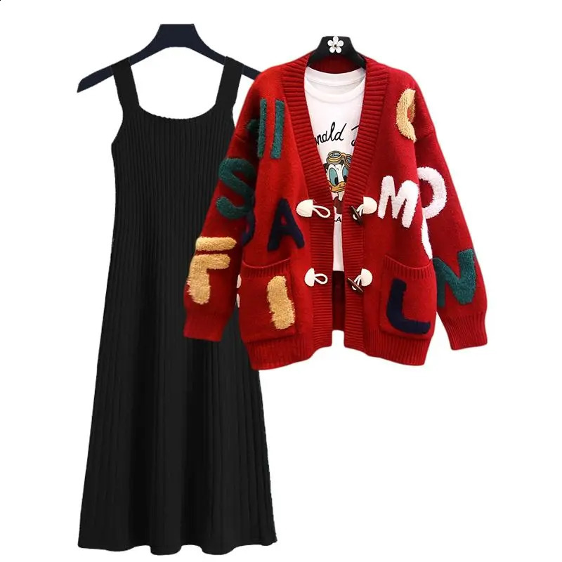 Autumn and Winter Letter Embroidery Knitted Sweater Cardigan Knitted Camisole Dress Two-piece Set Elegant Womens Skirt Set 240823