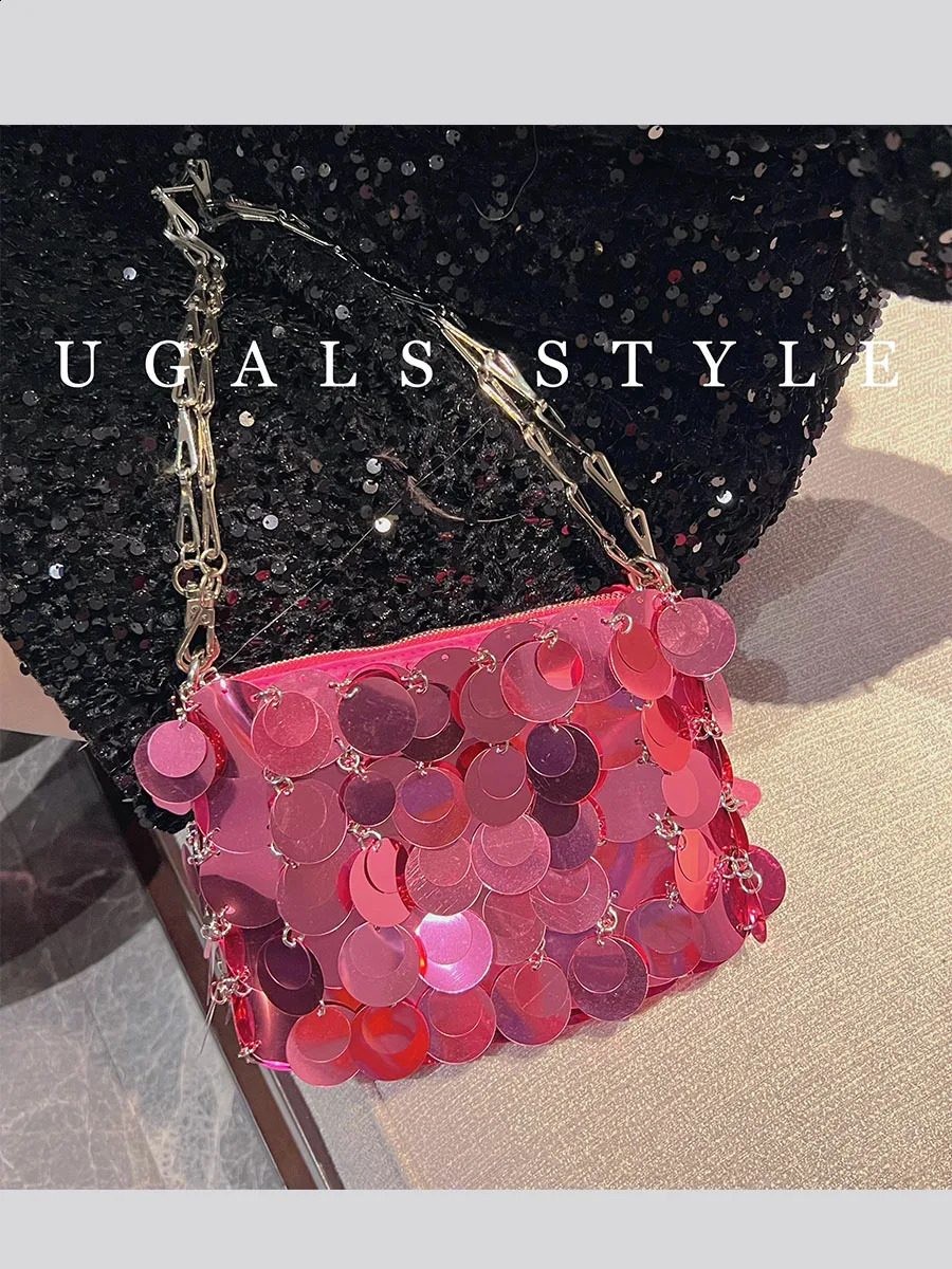 Silver Gold Sequins Chain Woven Bag Women Hollow Evening Bags Clutch Wedding Shoulder Crossbody Bag 240823